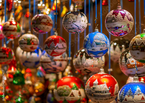 Colorful Christmas decorations at a festive Christmas market in Switzerland