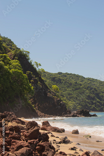 Beautiful landscape of a beach in the mexican pacific coast in a sunny day with trees, palms and green hills, some waves and cliffs with rocks