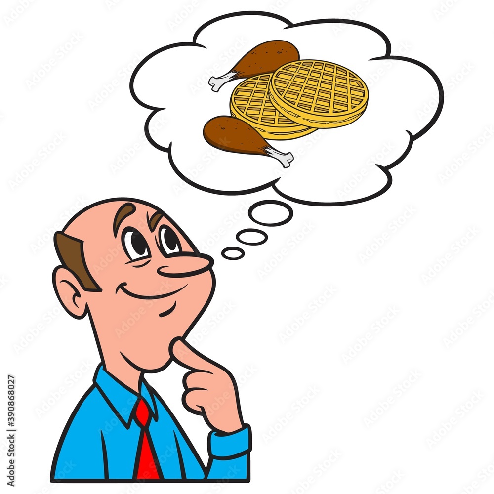 Thinking about Chicken and Waffles - A cartoon illustration of a man thinking about Chicken and Waffles for Breakfast. Thinking about Chicken and Waffles - A cartoon illustration of a man thinking about Chicken and Waffles for Breakfast.