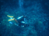 two diver at corals on the ground of the sea