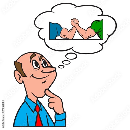 Thinking about Arm Wrestling - A cartoon illustration of a man thinking about Arm Wrestling.