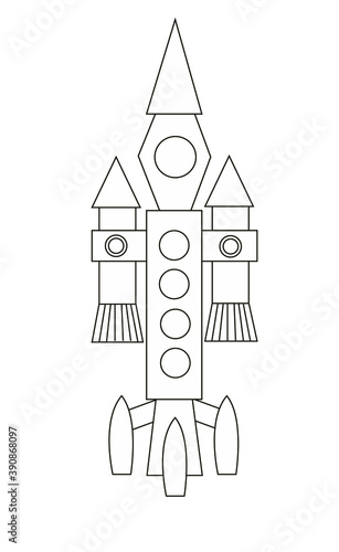 Rocket drawn in white with black outline, flat style, isolated on white background. Stock vector illustration.