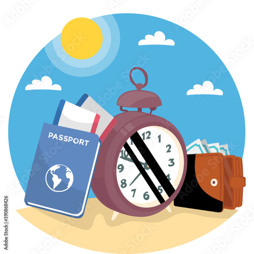 
An illustration with passport, wallet and timepiece is describing the idea of travelling prerequisites
