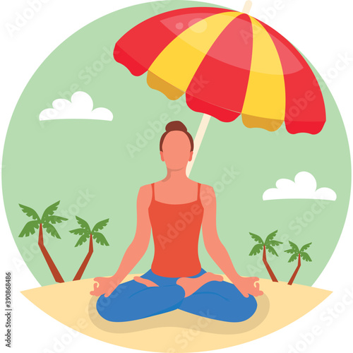 
A lady sitting in padmasana yoga posture under a sunshade umbrella at beach on a cloudy day

