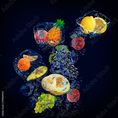 Fototapeta Naklejka Na Ścianę i Meble -  Panorama with fruits in splashes of water - juicy lemon, pineapple, apple, tangerine, grapes, avocado, melon, peach, grapes are full of vitamins and are very beneficial for our health