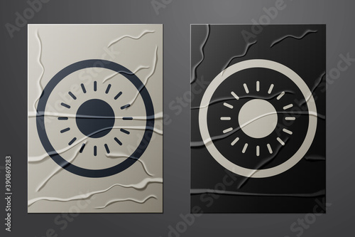 White Sun icon isolated on crumpled paper background. Summer symbol. Good sunny day. Paper art style. Vector.