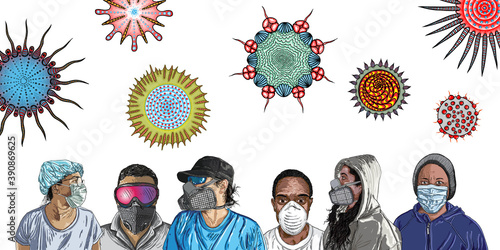 Coronavirus, people in medical face mask and virus floating in the air. Concept of pandemic and quarantine. Flu Influenza, viral infection attacks and mutation. Novel 2019-nCoV, Covid 19. Vector.