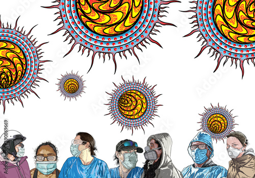 Coronavirus, people in medical face mask and virus floating in the air. Concept of pandemic and quarantine. Flu Influenza, viral infection attacks and mutation. Novel 2019-nCoV, Covid 19. Vector.