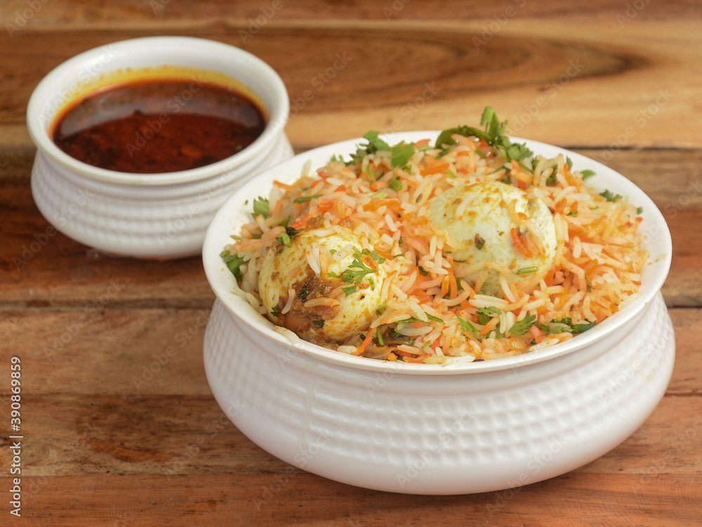 Egg Biryani Basmati rice cooked with masala and spices and served