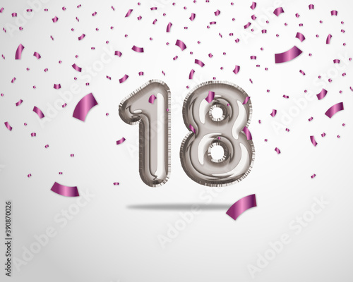 	
Happy 18th birthday with realistic foil balloons text on silver background and purple confetti. Set for Birthday, Anniversary, Celebration Party. Vector stock.