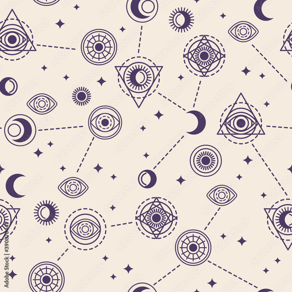 Seamless Pattern with Sacred Geometry Forms - Eye, Moon and Sun. Vector ...