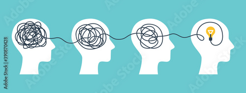 Concept of psychotherapy, brainstorming and mental problem solving. Vector illustration. Brain with tangled knot and order in man head. Simplifying the complex path. Light bulb idea and scribbles.
