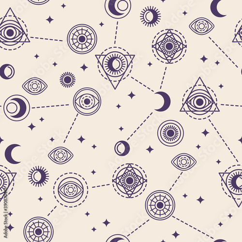 Seamless Pattern with Sacred Geometry Forms - Eye, Moon and Sun. Vector illustration. Geometric Spirograph Lines. Alchemy Symbols, Occult and Mystic Signs on White Background.