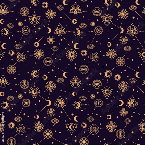 Seamless Pattern with Sacred Geometry Forms - Eye, Moon and Sun. Vector illustration. Geometric Spirograph Lines. Alchemy Symbols, Occult and Mystic Signs on Night Background.