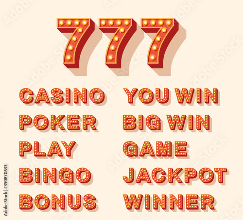 Set of neon light bulb signs for casino. Vector illustration. Icons for 777, poker, bingo, big win, bonus and jackpot isolated on white background. Retro style typography collection.