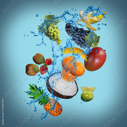 Fototapeta Naklejka Na Ścianę i Meble -  Panorama with fruits in splashes of water - juicy mango, pineapple, kiwi, coconut, orange, grape, banana, mango, strawberry are full of vitamins and are very beneficial for our health