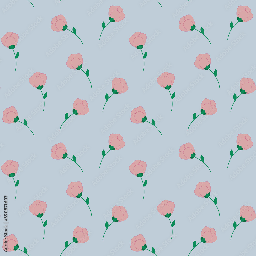 Simple roses seamless pattern, blue background, primitive flowers pattern, textile floral pattern