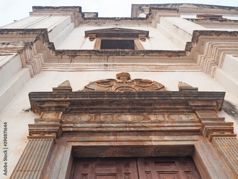 close up of Basilica of Bom Jesus church in old Goa part of the building