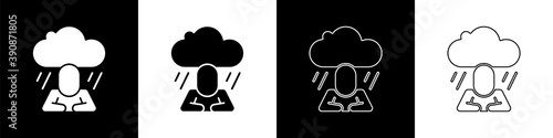 Set Depression and frustration icon isolated on black and white background. Man in depressive state of mind. Mental health problems. Vector.