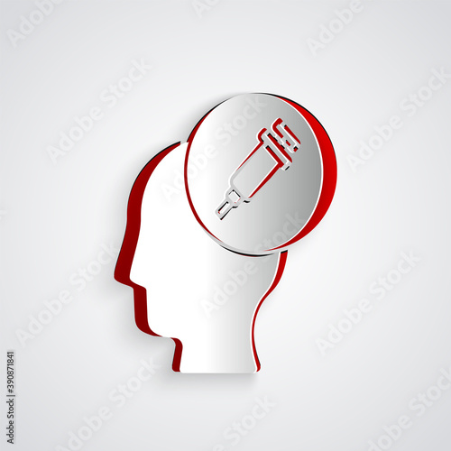 Paper cut Addiction to the drug icon isolated on grey background. Heroin, narcotic, addiction, illegal. Sick junkie with a syringe and medical pills. Paper art style. Vector.