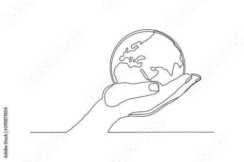 continuous line drawing of palm hand holding earth globe. One line concept of save nature ecology. Vector illustration