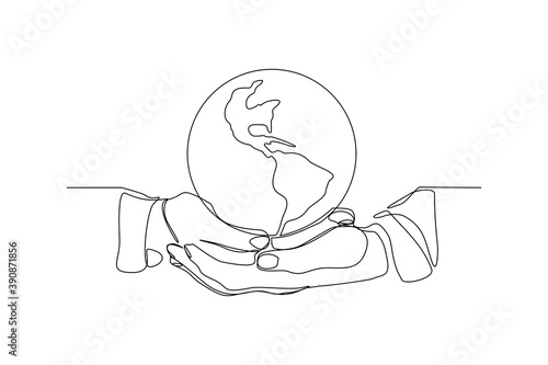 continuous line drawing of palm hand holding earth globe. One line concept of save nature ecology. Vector illustration