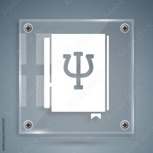White Psychology book icon isolated on grey background. Psi symbol. Mental health concept, psychoanalysis analysis and psychotherapy. Square glass panels. Vector.