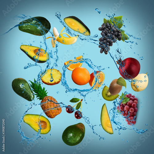 Fototapeta Naklejka Na Ścianę i Meble -  Panorama with fruits in splashes of water - juicy avocado, orange, pineapple, cherry, pomegranate, grapes, kiwi, pear are full of vitamins and are very beneficial for our health