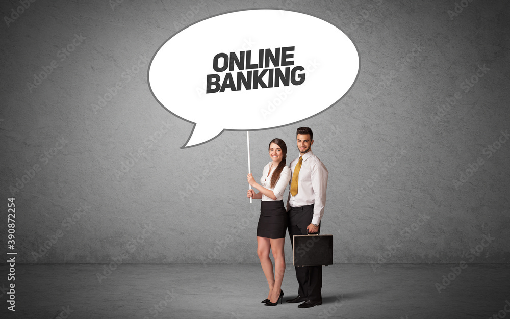 Young business person in casual holding road sign with ONLINE BANKING inscription, new business idea concept Young business person in casual holding road sign with ONLINE BANKING inscription, new business idea concept