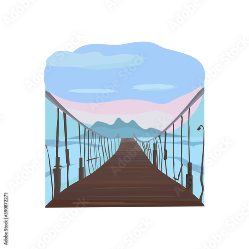 Wooden bridge over the river. Sunset or sunrise. Vector illustration