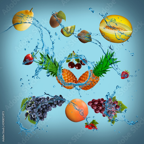 Fototapeta Naklejka Na Ścianę i Meble -  Panorama with fruits in splashes of water - juicy pear, kiwi, melon, cherry, strawberry, pineapple, grapes, currants are full of vitamins and are very beneficial for our health