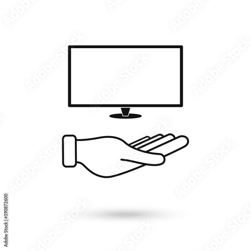 Hand hold tv outline icon. linear style sign for mobile concept and web design. television and hand simple line vector icon. Symbol, logo illustration. Vector Illustration