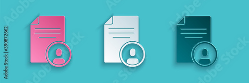 Paper cut Resume icon isolated on blue background. CV application. Searching professional staff. Analyzing personnel resume. Paper art style. Vector.