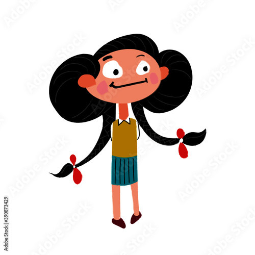 Waiting Cute Girl vector drawing, Happy Kids Vector illustration. 