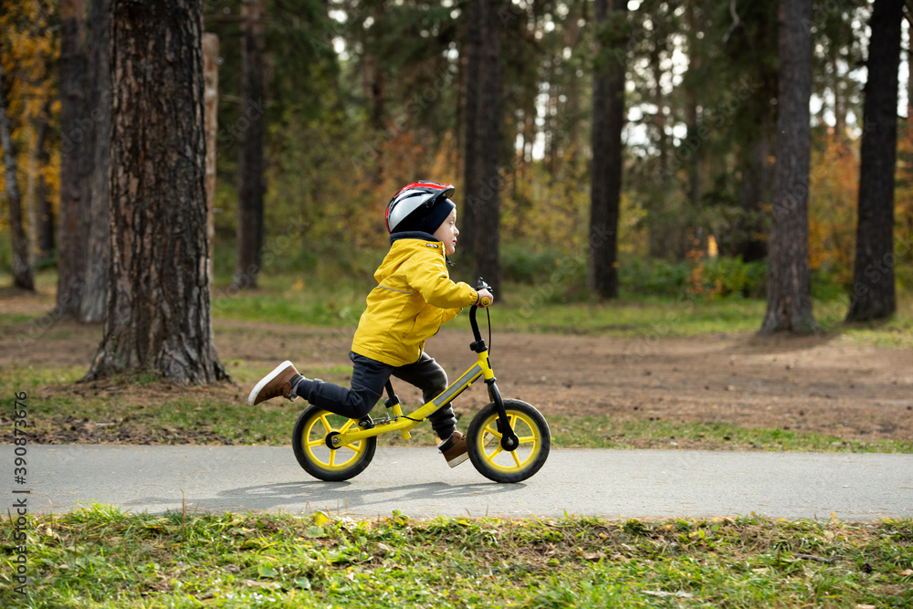 Active little boy in casualwear and safety helmet riding on balance bicycle