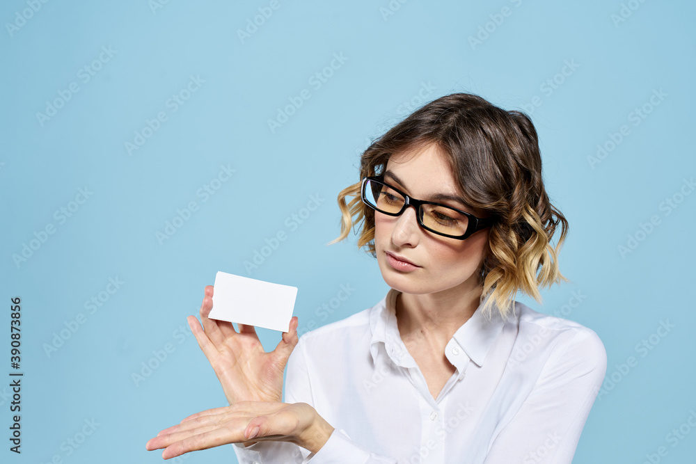 Business woman with business cards credit card blue background work Business woman with business cards credit card blue background work