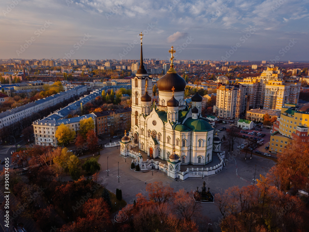 Fototapeta premium Evening autumn Voronezh, Annunciation Cathedral, aerial drone view