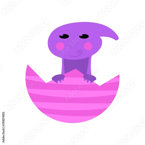 Dinosaur baby in egg cute in flat style for designing dino party, children, kids holiday, dinosaurus related materials. For card, poster, wallpaper, banner. Jurassic park theme.