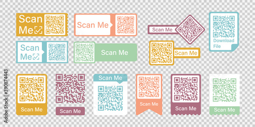 Qr code frame vector set. Scan me phone tag. Qr code mock up, mockup. Barcode smartphone id icon. Cellphone qrcode banner. Mobile payment and identity white background.