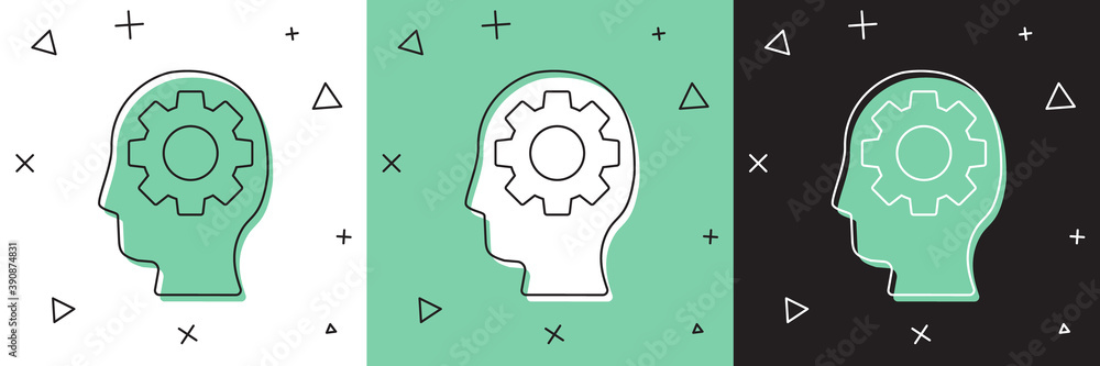 Set Human head with gear inside icon isolated on white and green, black ...
