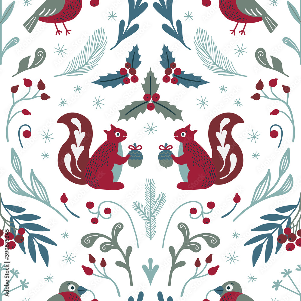 Cute seamless Christmas pattern with squirrels, bullfinches and winter flora. Vector. Cute seamless Christmas pattern with squirrels, bullfinches and winter flora. Vector.