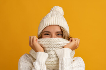 young smiling happy pretty blond woman wearing white knitted sweater, scarf and hat, warm winter cold season fashion accessories trend, posing on yellow studio background isolated