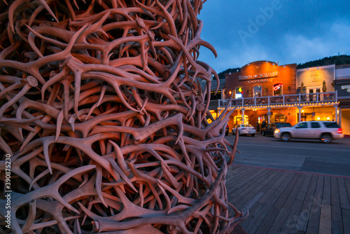 Jackson Hole Antler Arch in the historic Town Square, Jackson, Grand Teton National Park, Wyoming, Usa, America