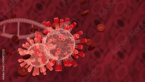 Corona virus and DNA structure Biology in blood background, Microscope coronavirus covid-19 , flu outbreak, 3D medical rendering.