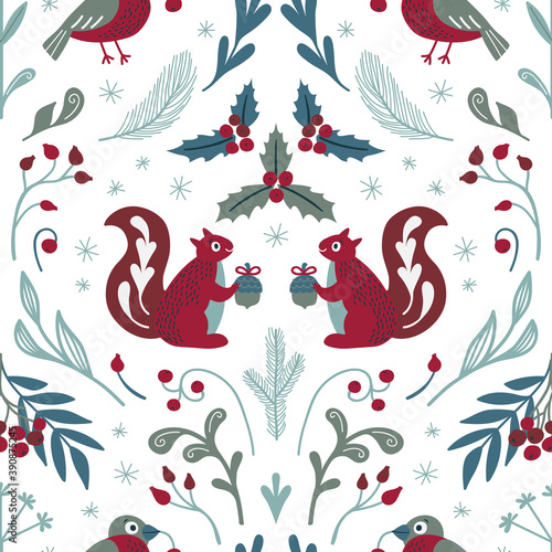 Cute seamless Christmas pattern with squirrels  bullfinches and winter flora. Vector.