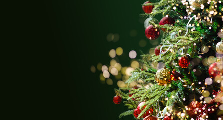 Decorated with ornaments and lights Christmas tree on green background. Merry Christmas and Happy Holidays greeting card, frame, banner. New Year.