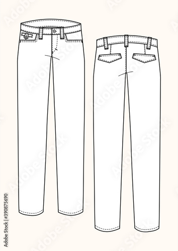 Pantalone chino uomo slim fit disegno piatto sketch fashion illustration fronte e retro mock up vettoriale
