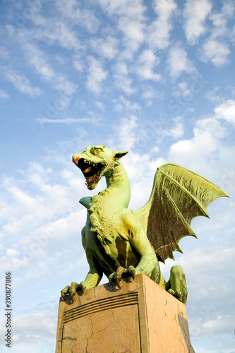 View of Dragon statue on the Dragon bridge, Ljubljana, Slovenia.