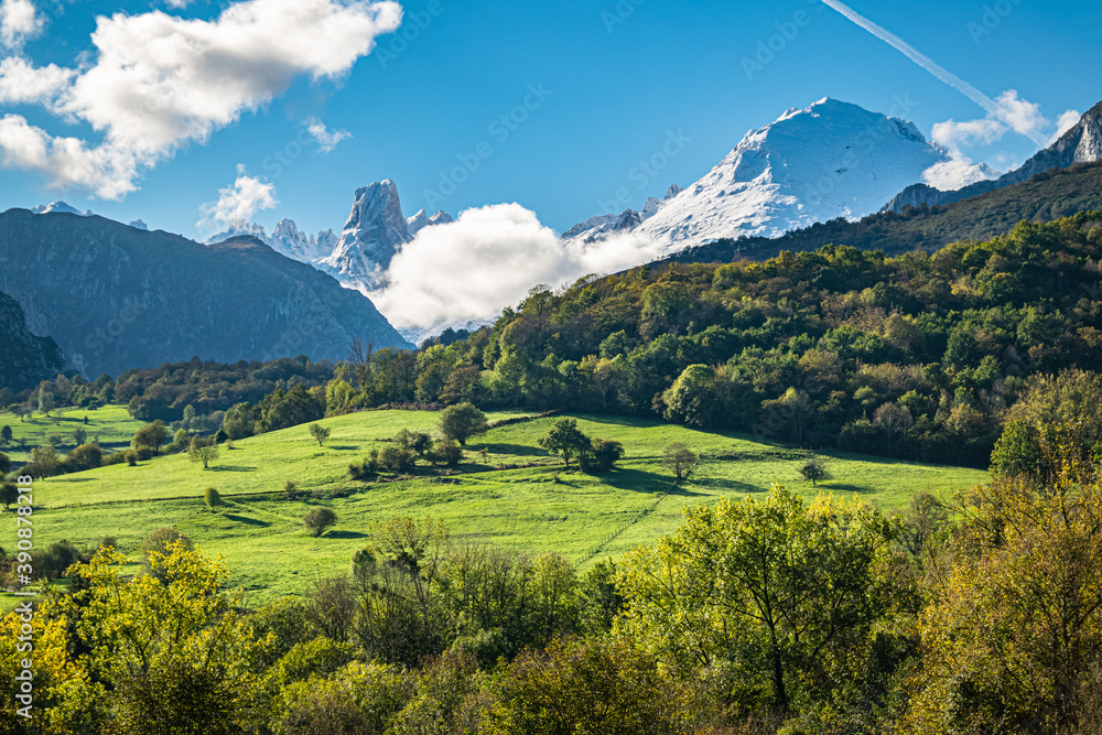 Mountain landscape of Asturias with emblematic Picu Uriellu on the horizon. Picos de Europa National Park scenery.