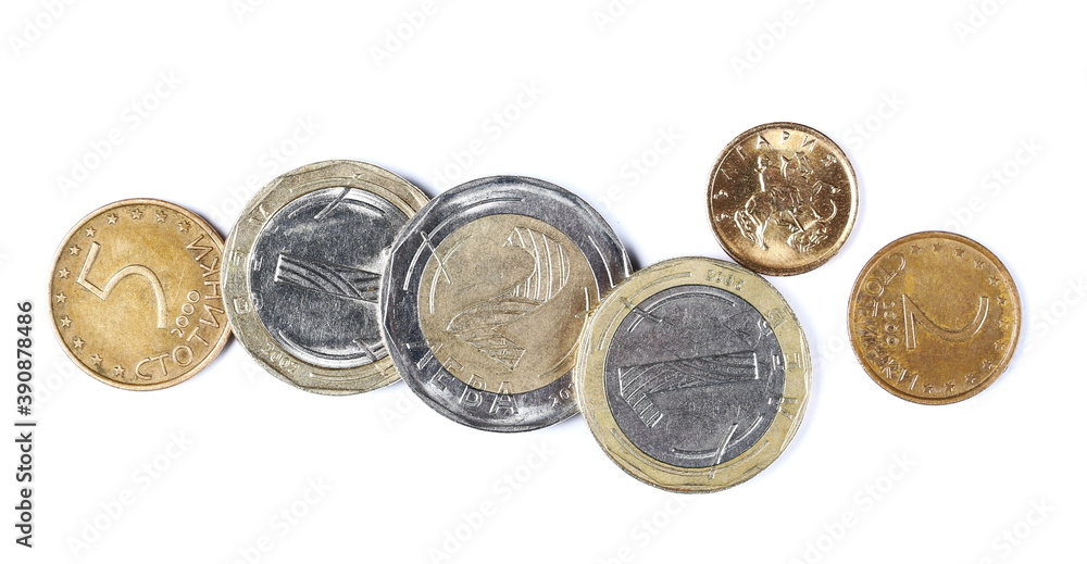 Bulgarian metal coins, lev isolated on white background, top view Bulgarian metal coins, lev isolated on white background, top view
